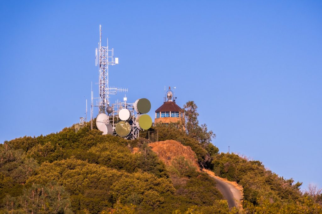 Telecommunications antennas at sunset